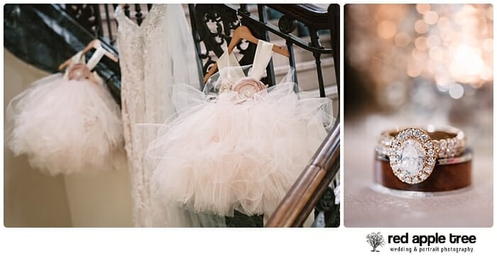 Wedding Dress and flower girl dresses hanging